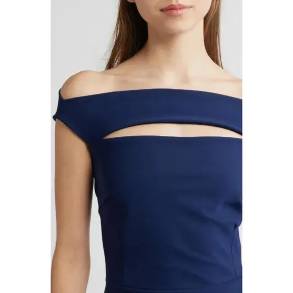 NEW, Chiara Boni Melania Short Off-The-Shoulder Dress Blue Notte SZ 48 #MD0136